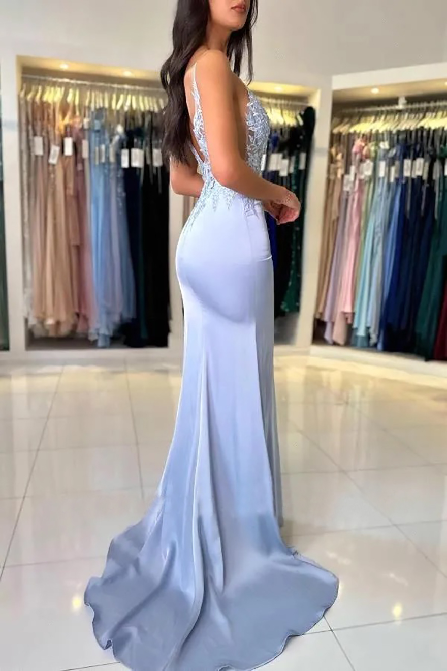 Elegant Mermaid Bridesmaid Dress Long Mermaid V-Neck Spaghetti Strapless Sleeveless Satin Lace Prom Dresses
