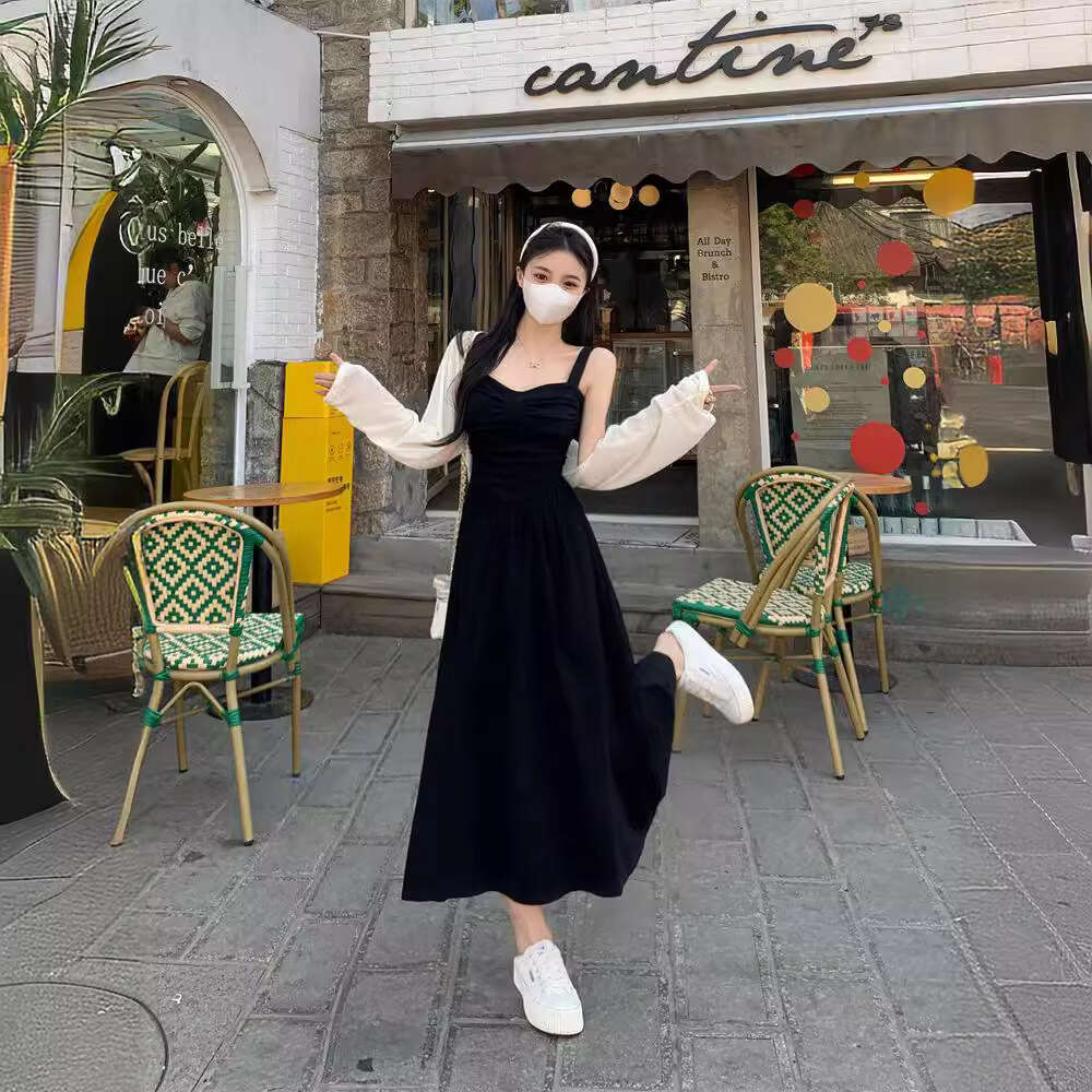 French Strap For Women, Summer Petite Waist-Cinching Slimming High-End Hepburn Style Little Black Long Dress B5