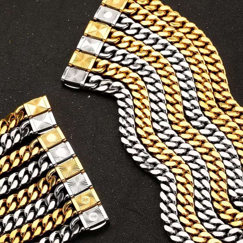 Hip Hop Jewelry Necklace Bracelet Set 18K Gold Miami Stainless Steel Cuban Link Chain