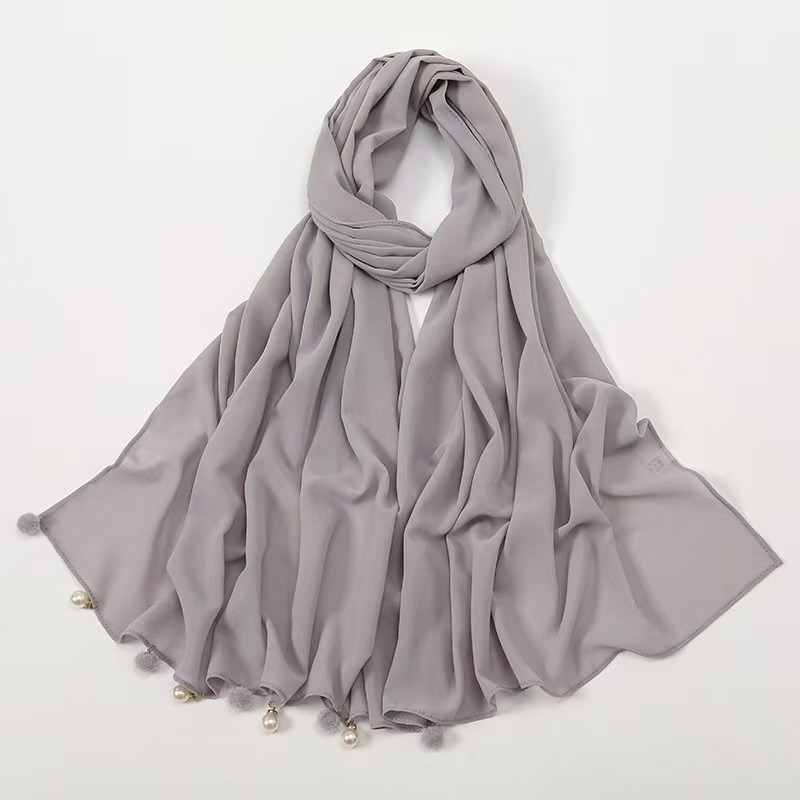 T1195 New Pearl Chiffon Malaysia Headscarf Scarf Hair Ball Pearl Accessories Scarf Gauze Scarf