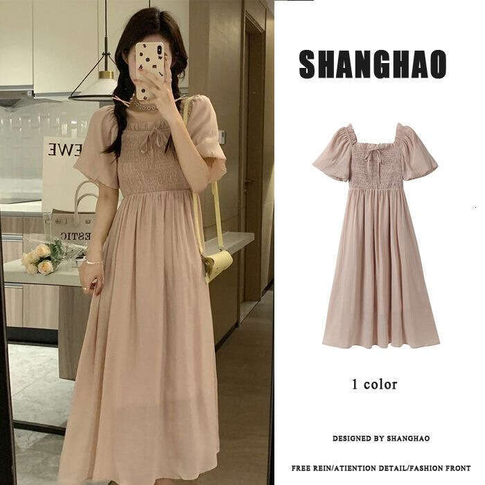 Summer New French Sweet Square Neck Puff Sleeve For Petite Women Slim Waist Fairy Long Dress B5