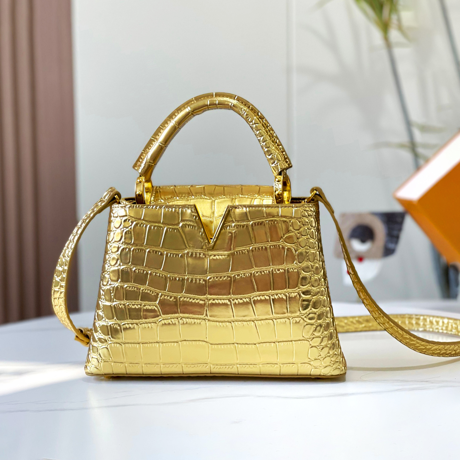 Vintage Gilt Crocodile Handbag Designer Shoulder Crossbody Top Quality Luxury Gold Handbag Evening Ladies Ladies Evening Bag Fashion Blonde Bag Ravi Bag