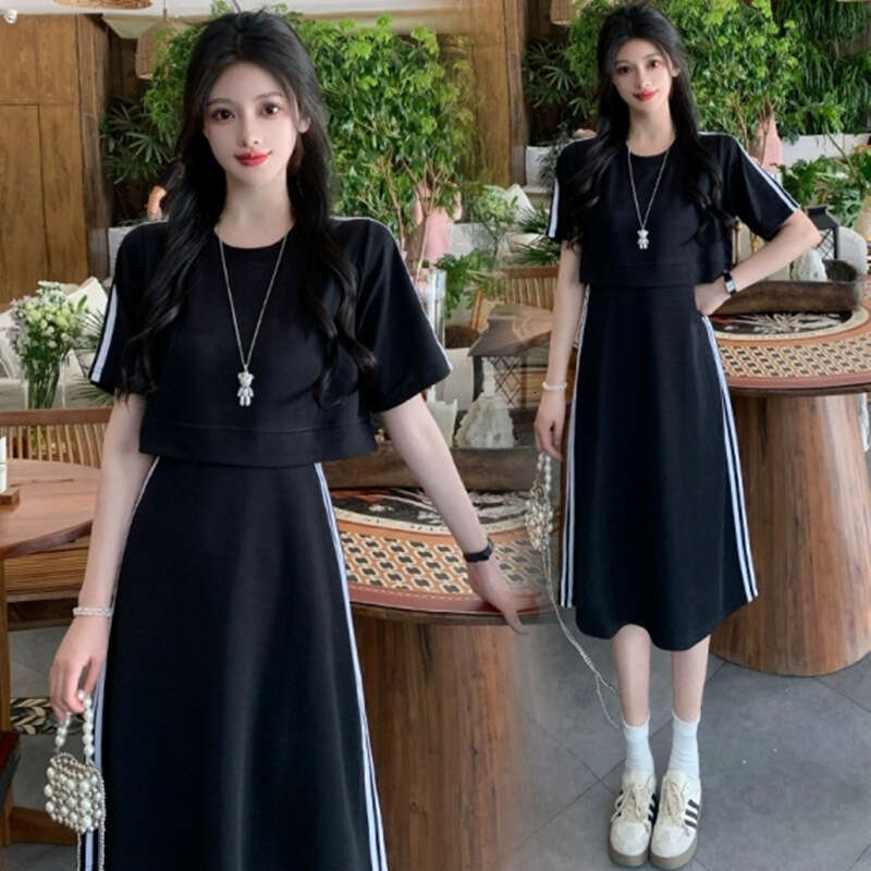 Plus Size French Casual Fake Two-Piece Summer Fat MM Belly Covering Slimming Sports Style Dress For Women B5