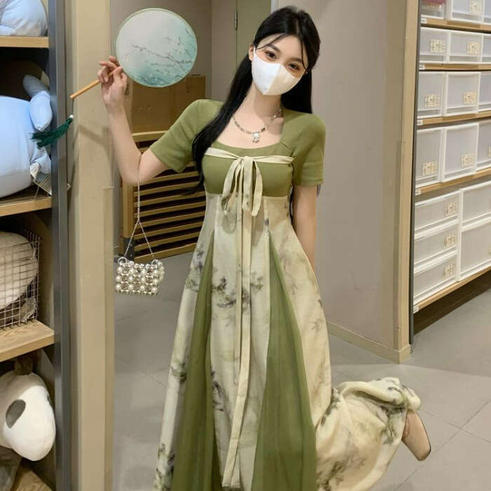 Plus Size New Chinese Style Sleeve Summer Waist Slimming Improved Long For Slightly Chubby Women With Tie Floral Dress B5