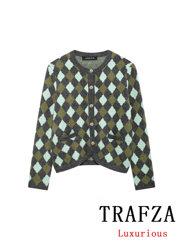 TRAFZA Vintage Casual Chic Women Sweater Argyle O-Neck Long Sleeve Pockets Knitted Cardigans Fashion Autumn Winter Sweaters 250710