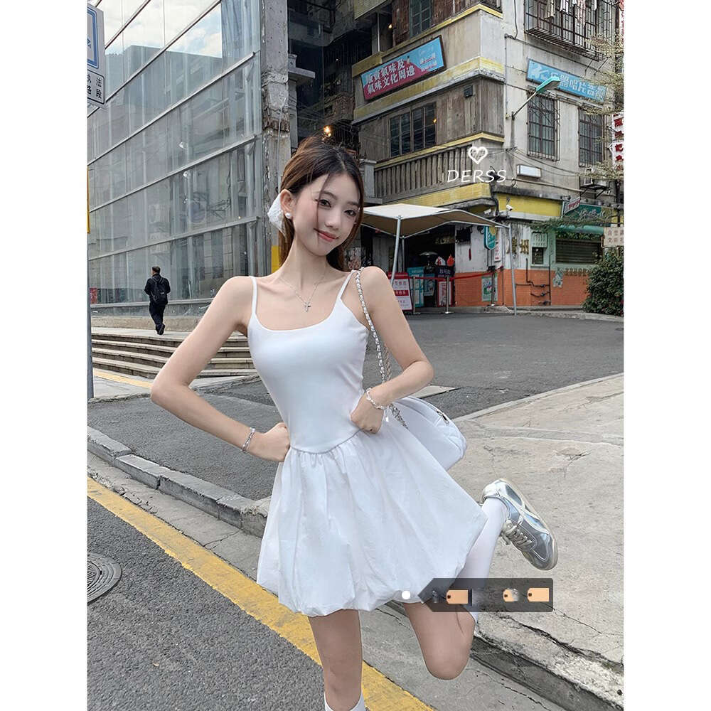 French Style Gentle White Strap For Women Summer Slim Fit Slimming Puff Princess Birthday Short Dress B5