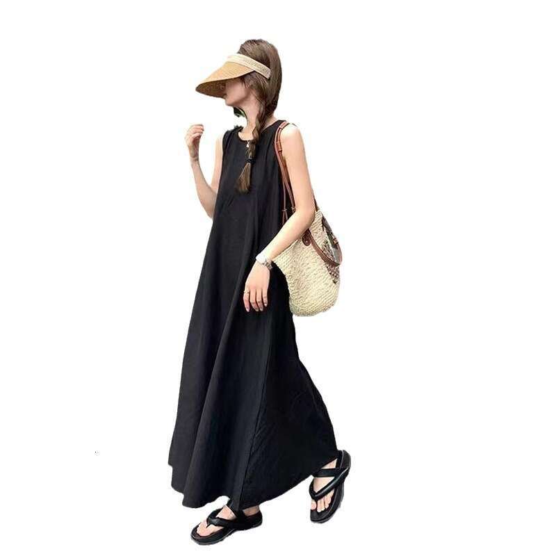 Black Sleeveless Petite Summer New Korean Style Loose Slimming Fashionable Age-Reducing Dress For Women B5