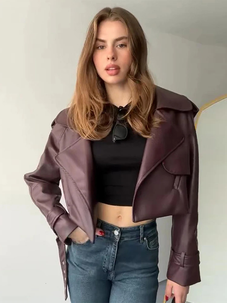 Vintage Leather Jackets Coats Women Single Breasted Loose Contrast American Style Lapel Short Jacket Chic Motorcycle Outwears 250709