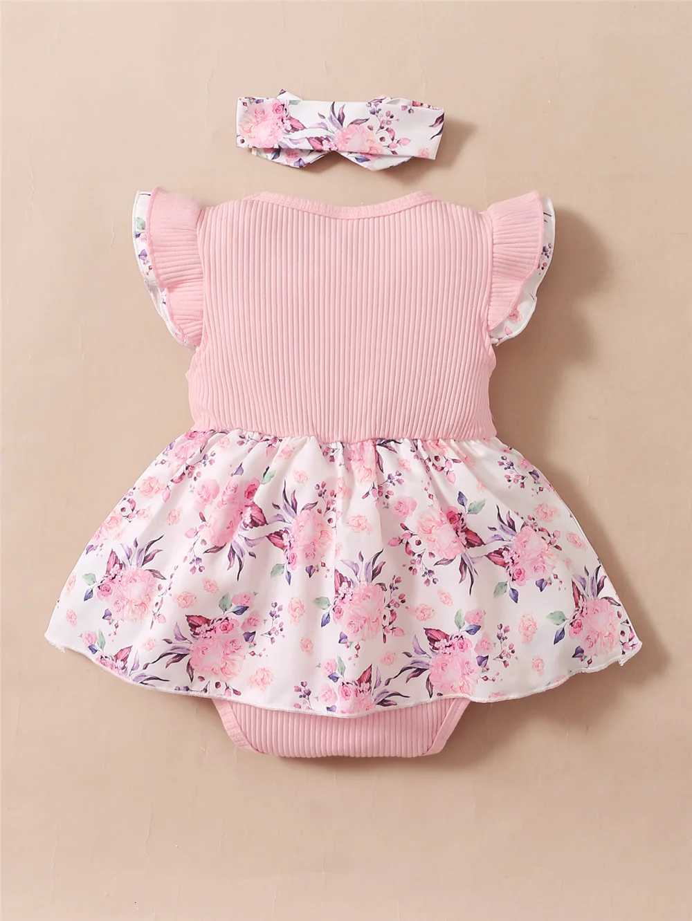 0-18 Months Baby Girl Floral Romper Dress Fly Sleeve Summer Ribbed Jumpsuit with Headband Newborn Baby Girl 2PCS Outfit XJ250712