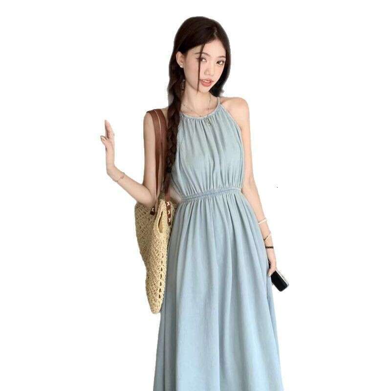 Blue Off-Shoulder Vacation Style New Design Waist-Cinching Slimming Sleeveless Halter Neck Long Dress For Women Summer B5
