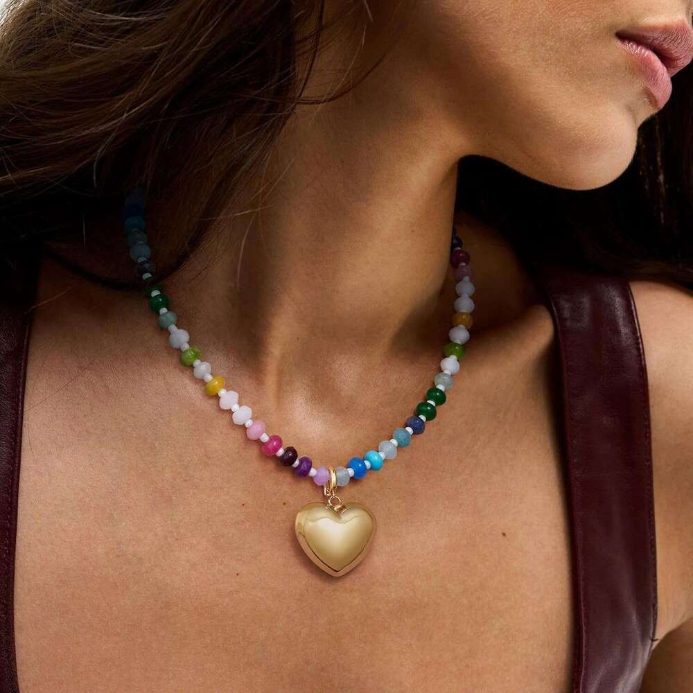 Beaded Necklace for Women Colorful Boho Bead Choker With Bubble Puffy Heart Pendant Natural Stone Rainbow Necklaces Summer Surfer Beach Handmade Jewel