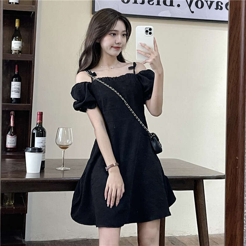 Plus Size Puff Sleeve Women's Fashion Summer New French Style Little Black Petite Short Dress B5