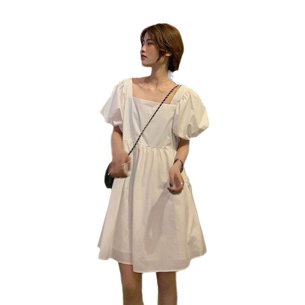 Summer Korean Version Sweet Loose Puff Sleeve Square Neck Style Slimming Petite French Dress B5