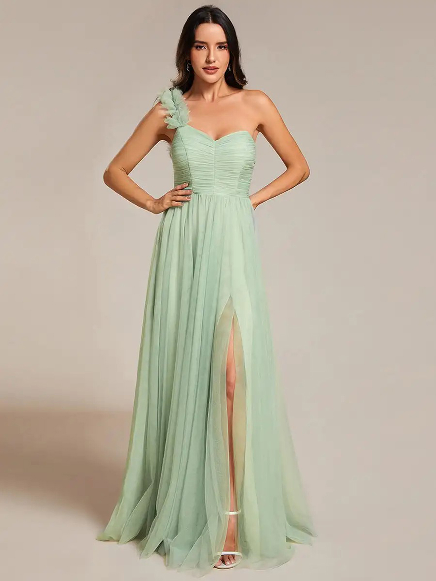 Elegant Evening Dresses Backless One Shoulder Pleated Split Tulle Floor-Length 2025 Ever Pretty of Mint Green Bridesmaid Dresses