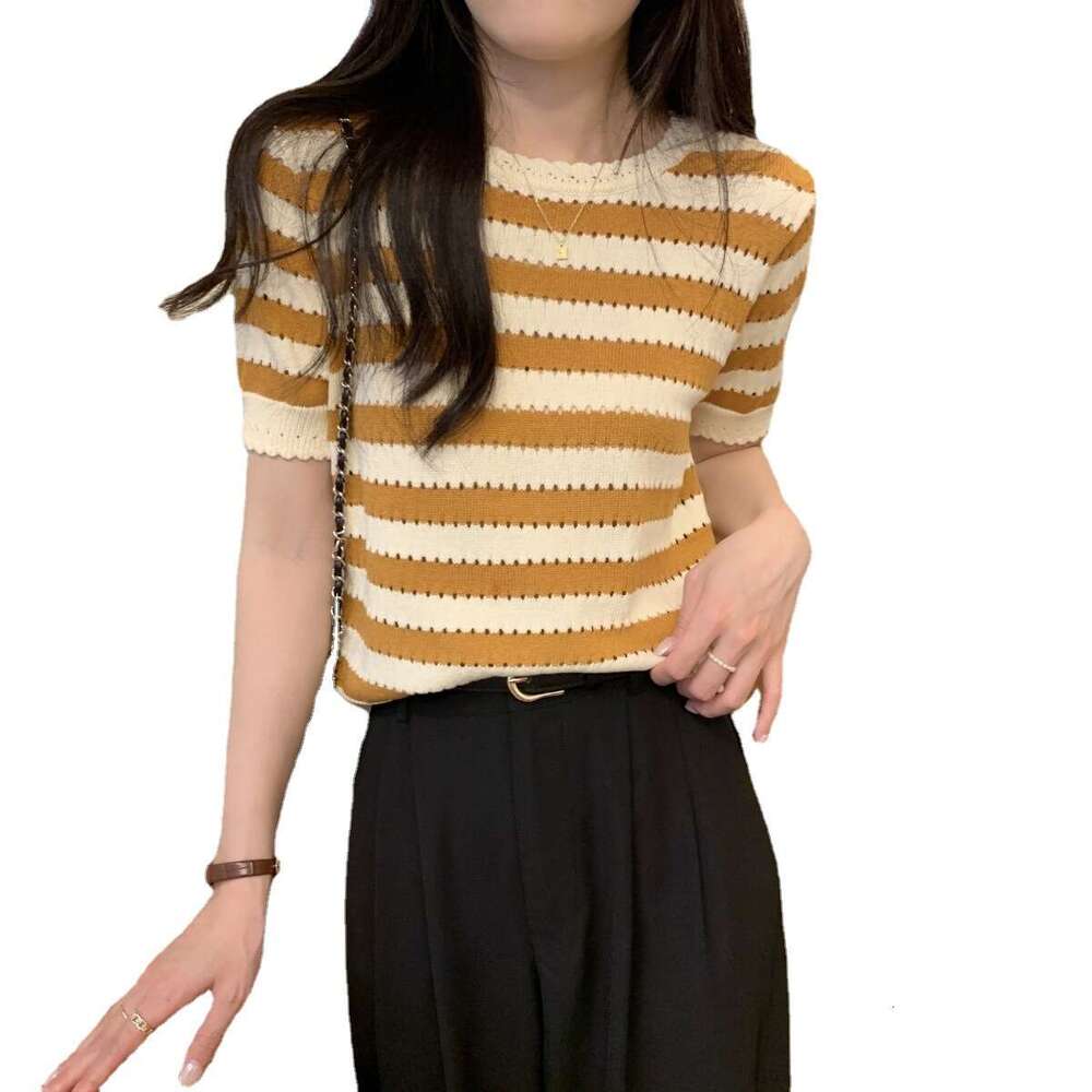 Korean Style Black And White Striped Hollow Design Elegant Versatile Short Sleeve Knitted For Women Summer High-End Feel Women's Top B5