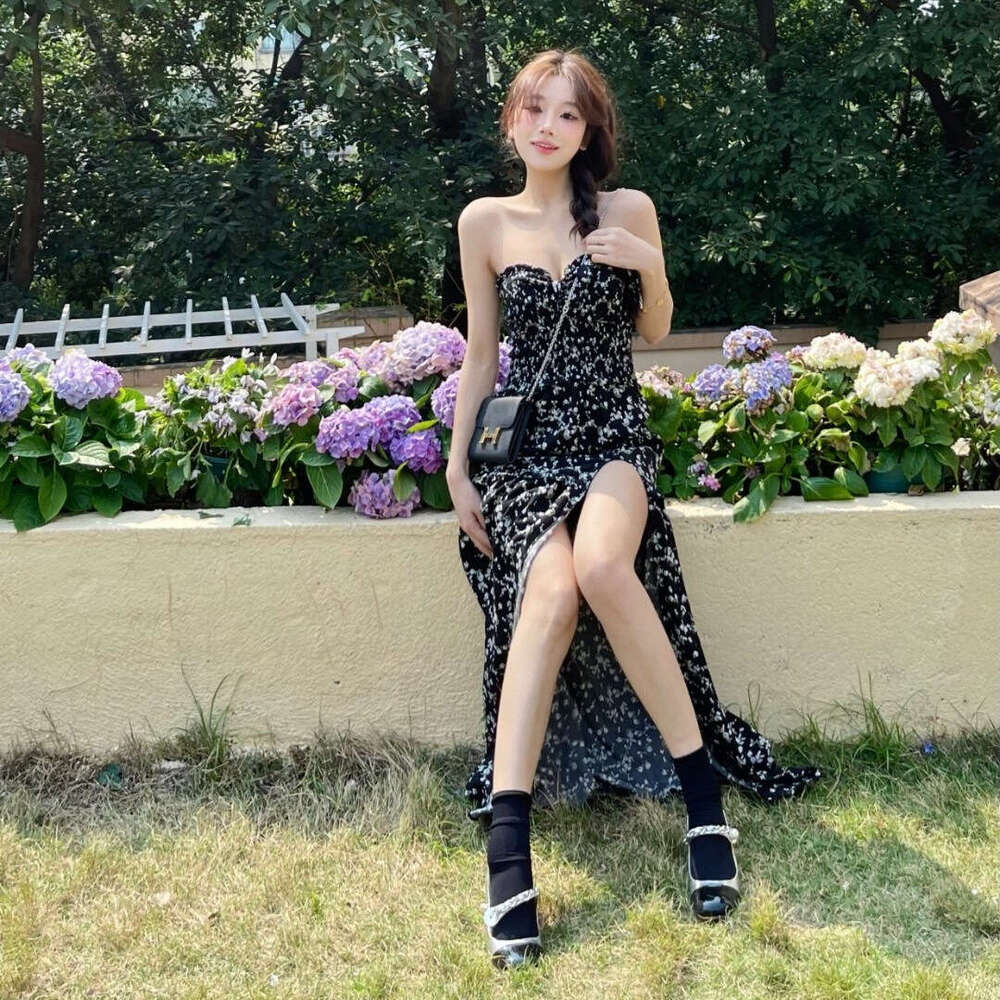 Black Sweet And Spicy Floral For Women Summer New French Style Tea Break Strapless Slit Long Dress B5