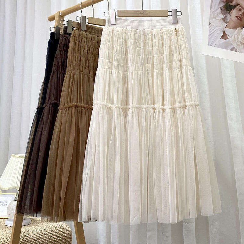 Summer New Pleated Mesh Patchwork High-Waisted Slimming Princess Versatile Elegant Age-Reducing Puffy Skirt For Women B5