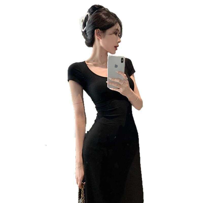 Spicy Girl Black Backless Short Sleeve For Women Summer High-End Sexy Slim Fit Elegant Slimming Bodycon Split Long Dress B5