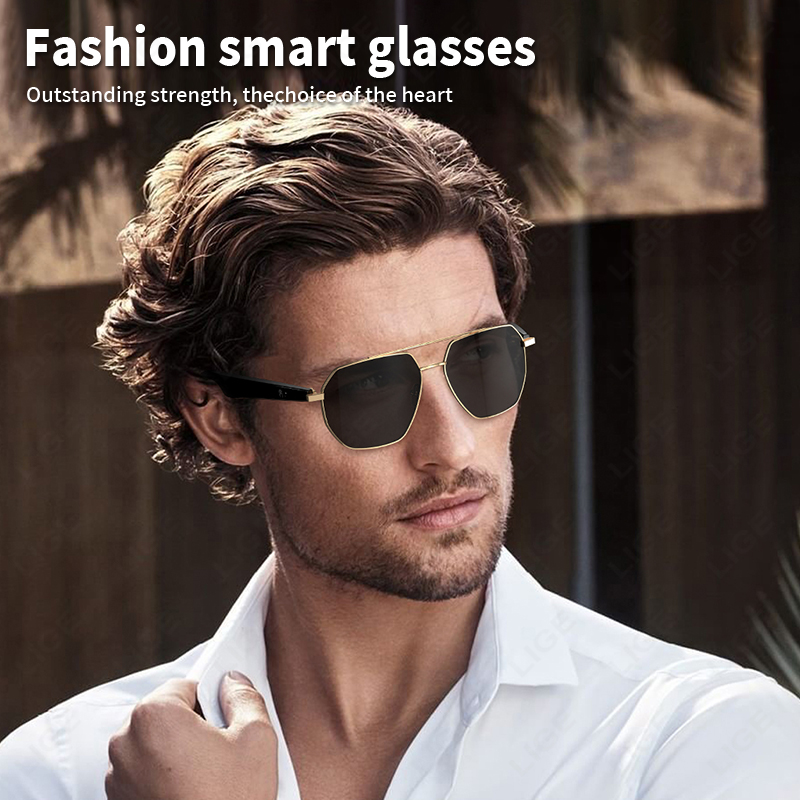 LIGE Smart glasses, ear-opening sound microphone and speaker, magnetic charging, color-changing polarized sunglasses lenses AI Smart Translation Glass