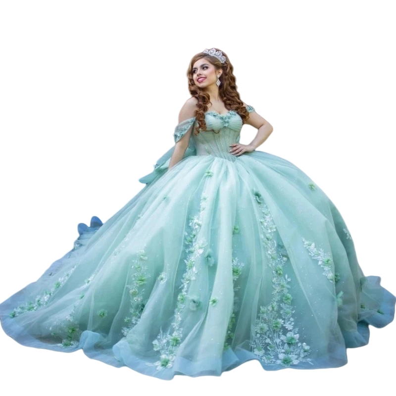 Mint Green Princess Quinceanera Dresses 3D Floral Appliques Bow Back Beaded Ball Gowns Sweet 15 16 Dress Prom Party Boutique Special Occasion Wear