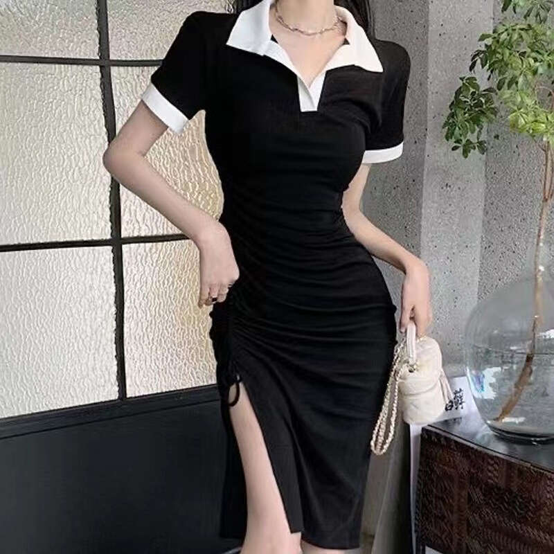 French Style Polo Collar Patchwork Color Block Slit New Slim Fit Drawstring Design One-Step Dress B5