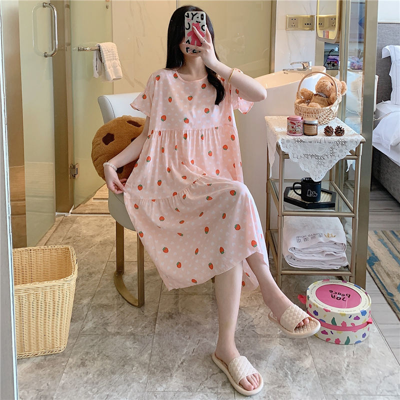 B967-Spring and autumn casual short-sleeved large-size printed pajamas summer thin high-end touching cotton home clothes