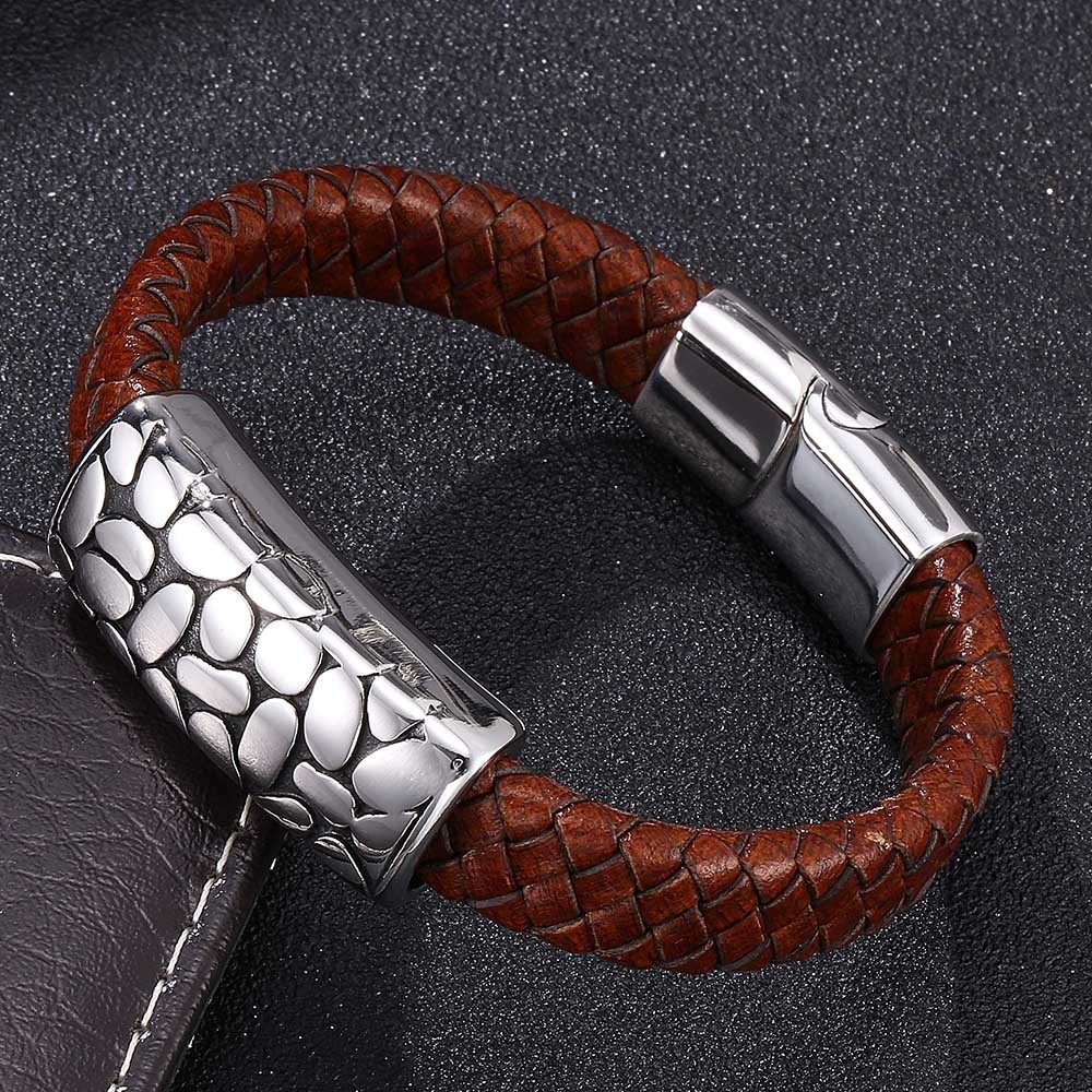 REAMOR New Stainless Steel Inlay Leather Connector Bracelets Mens Brown Genuine Leather Bracelet Mens Gift Jewelry CX200724