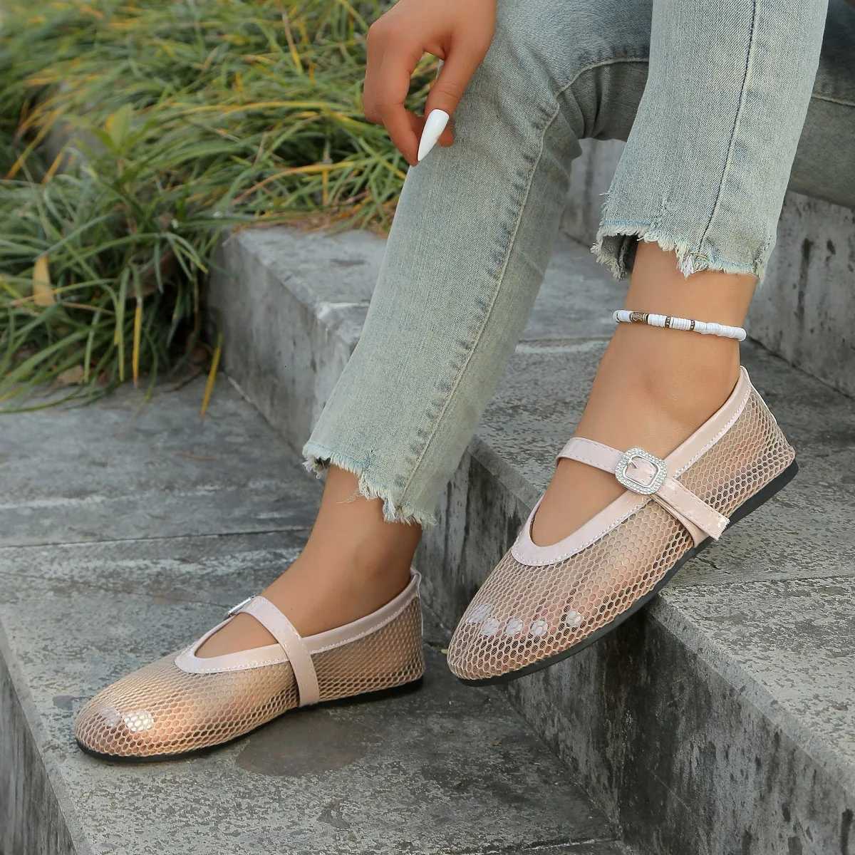 Summer Round Toe Mesh Breathable Womens Ballet Flats Casual and Comfortable Cut-out Mary Jane Single Shoe Fishnet Shoes XJ250712