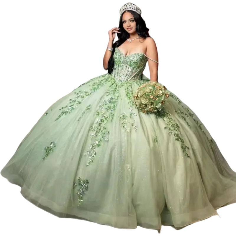 Glitter Sequins Quinceanera Dresses Lace Applique Light Green Sweetheart Ball Gown Princess Sweet 16 Dress With Bow Back Spaghetti Straps