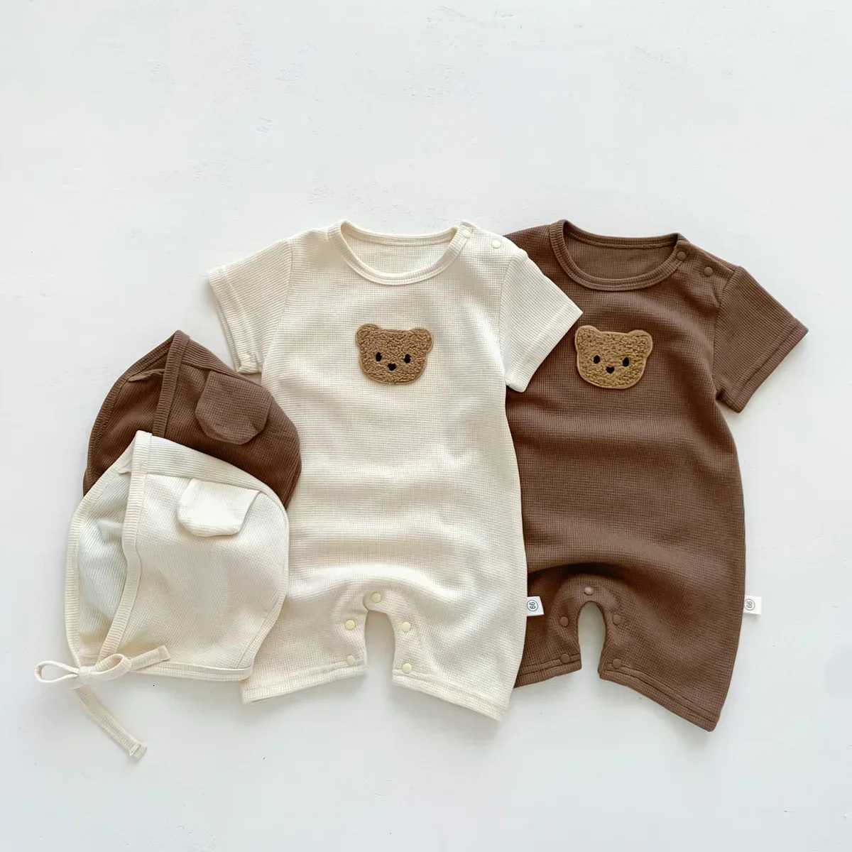 Cotton Romper Gift Hat with Ears New In Summer Kids Baby Girls Boys Short Sleeve Waffle Patch Bear Infant Newborn Jumpsuits XJ250712