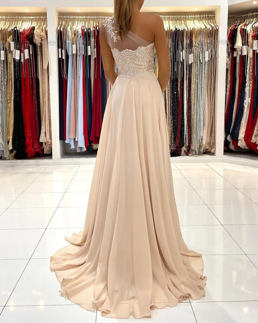 2025 Bridesmaid Dresses Simple Champagne One Shoulder with Sheer Appliques Lace Chiffon Side Split Long Maid of Honor Gowns Prom Evening Dress Floor L