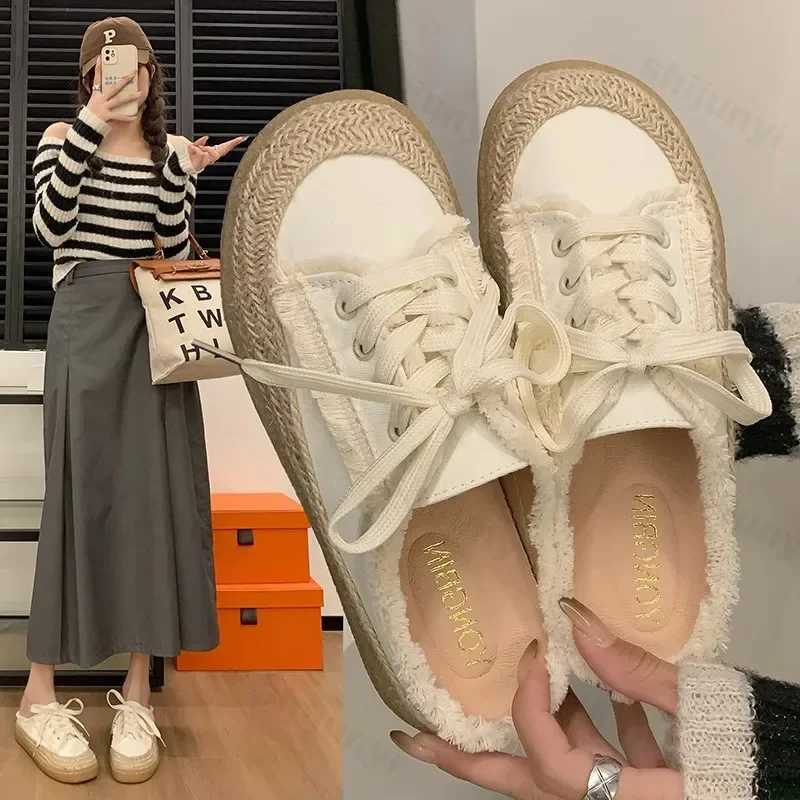 2024 Autumn New Designer Lace Up Canvas Shoes for Women Fi Casual Half Slipper Shoes Female Flat Casual Sneakers Ladies XJ250712