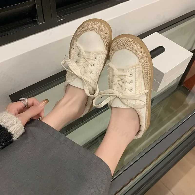 2024 Autumn New Designer Lace Up Canvas Shoes for Women Fi Casual Half Slipper Shoes Female Flat Casual Sneakers Ladies XJ250712