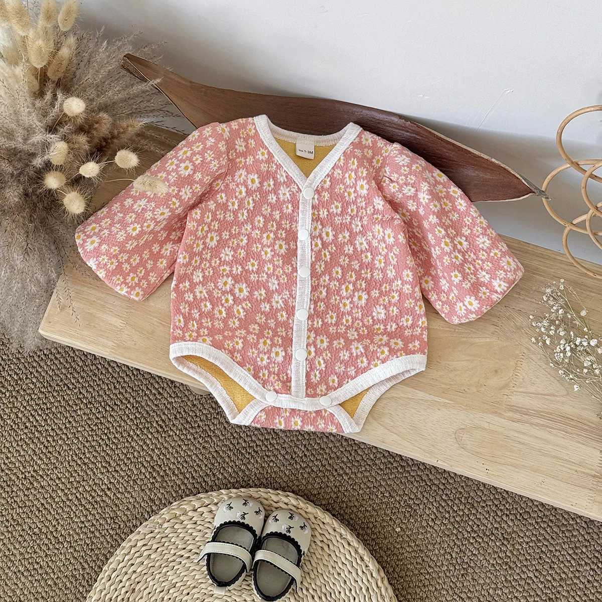 Baby Girl Clothing Floral Print Romper V Neck Contrast Trim Cotton Onesie Bodysuit 0-2Y Newborn Infant Baby Girls Clothes Outfit XJ250712
