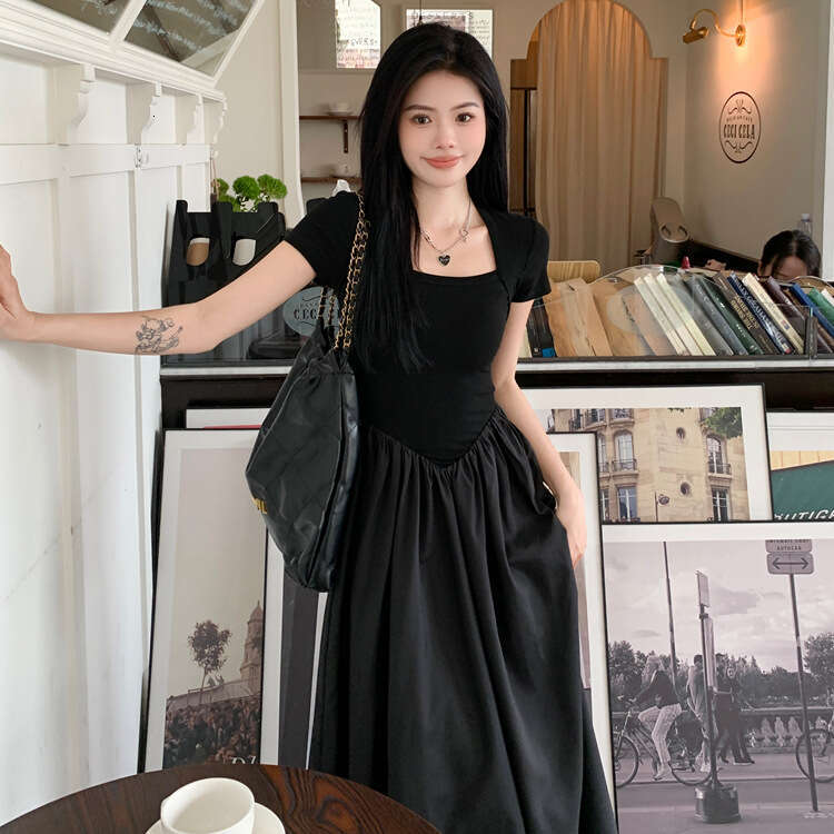 Hepburn Style Square Neck For Women Summer New Black High Waist Petite A-Line Midi Dress B5