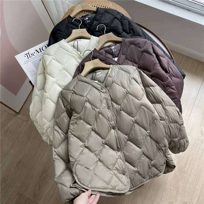 Janveny 2025 New Autumn Winter Ultra Light Collarless Soft Puffer Jacket Women Casual Loose Single Breasted 90% Duck Down Coat