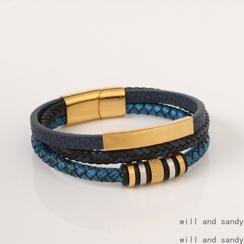 Stainless Steel Magnetic Buckle Bracelet Designer Jewelry 18k Gold Multilayer Braided Leather Stack Bracelets Bangle Cuff Wristband for Man Gift Fashi