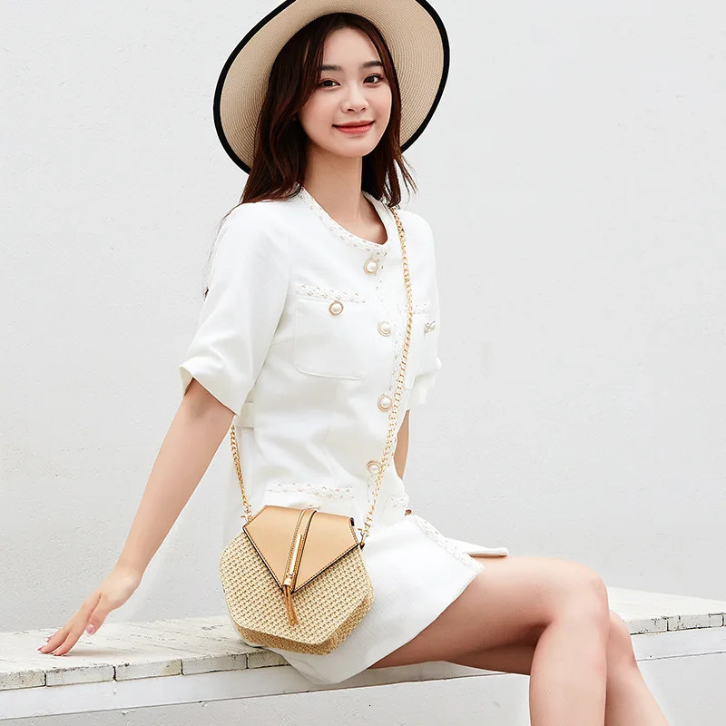 Hexagon Shape Straw PU Leather Handbag Women Summer Rattan Bag Handmade Woven Beach Bohemia Chain Strap Shoulder Crossbody Bags 250703