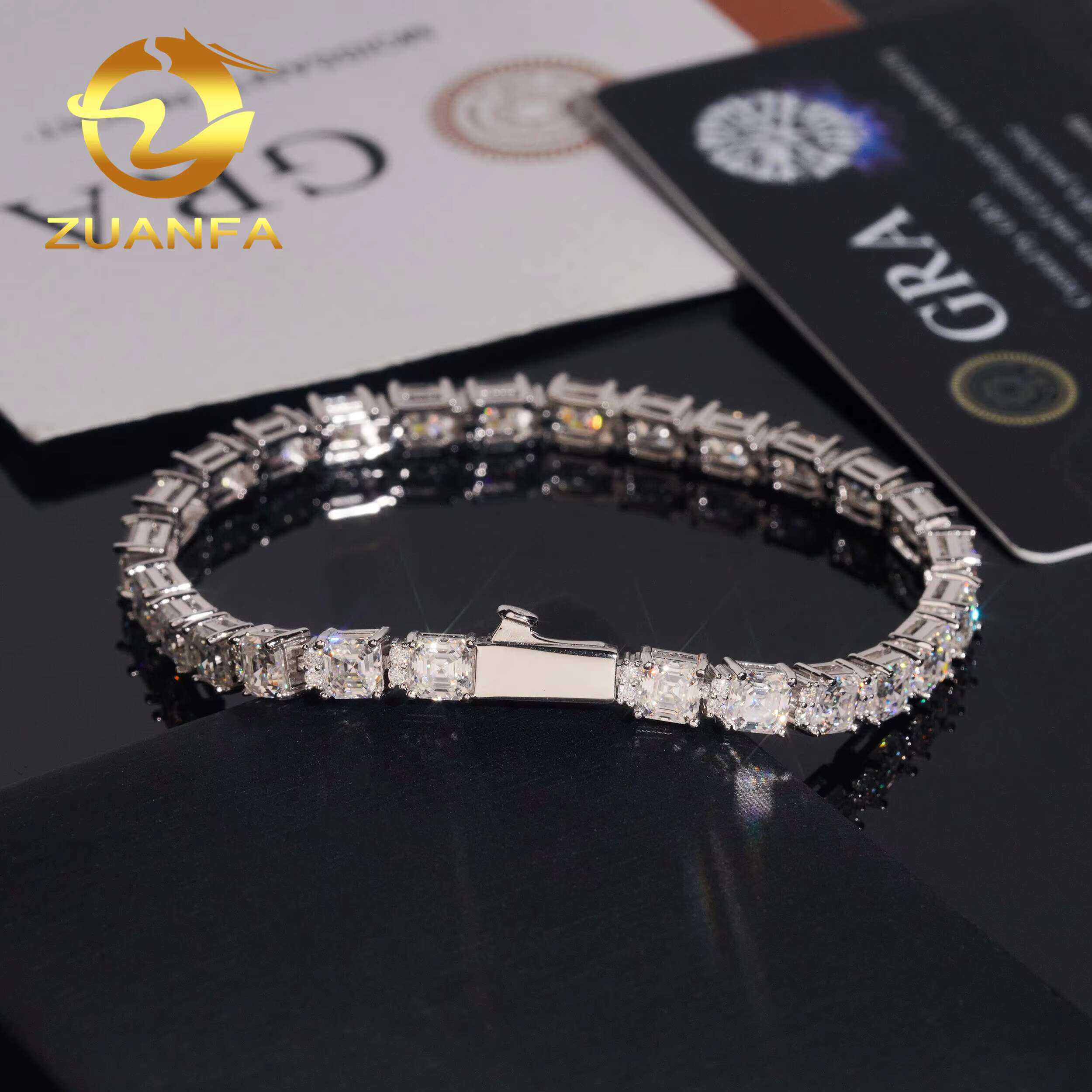 Hip Hop Moissanite Jewelry 5*5mm Asscher Cut Iced Out Bracelet Women Men 925 Silver Diamond Tennis Bracelet Pass Diamond Tester