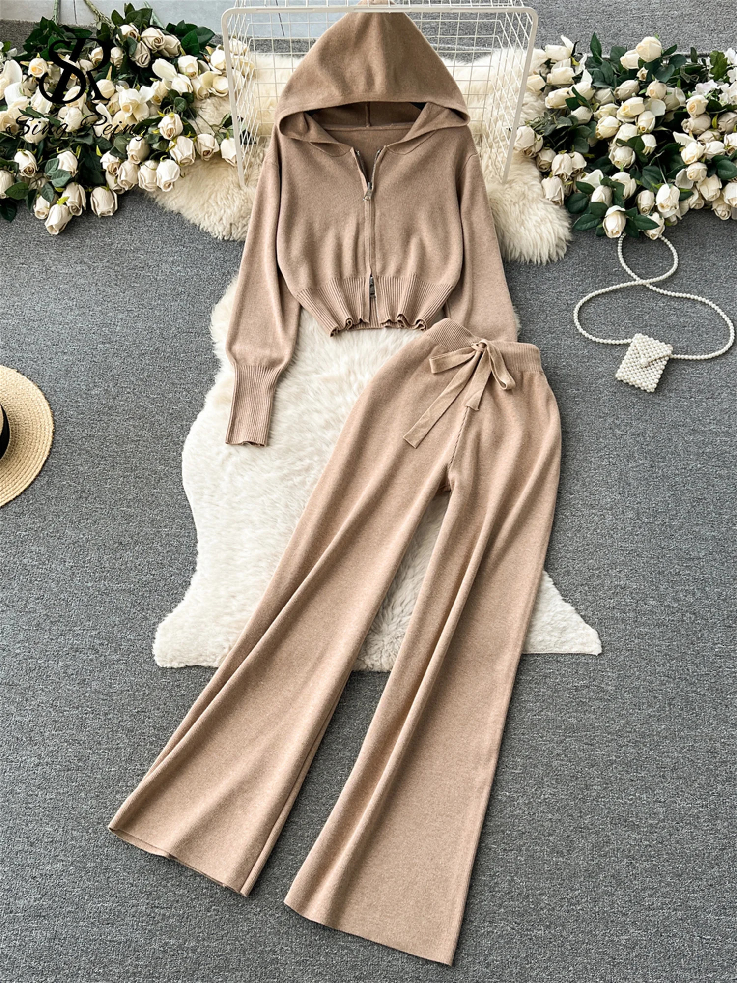 SINGREINY Fashion Casual Sports Knitted Suits Zipper HoodieElastic Waist Drawstring Wide Legs Long Pants Winter Two Pieces Sets 250709