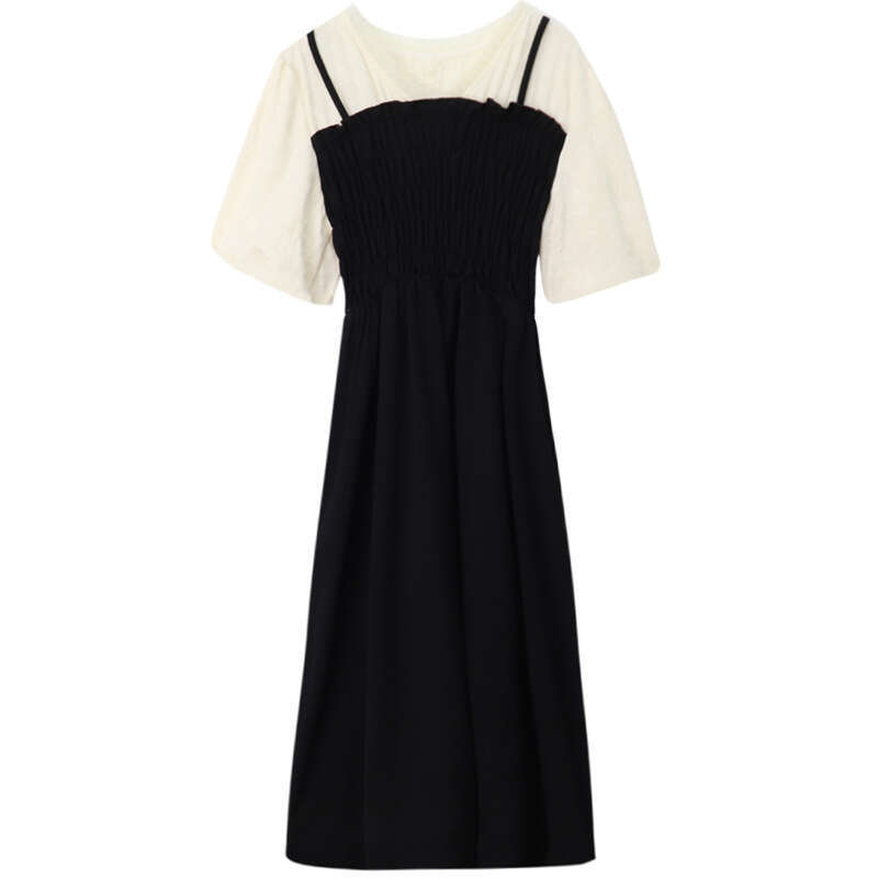 Fake Two-Piece Waist-Cinching Black Summer New V-Neck Elegant Design Mid-Length Women's Dress B5