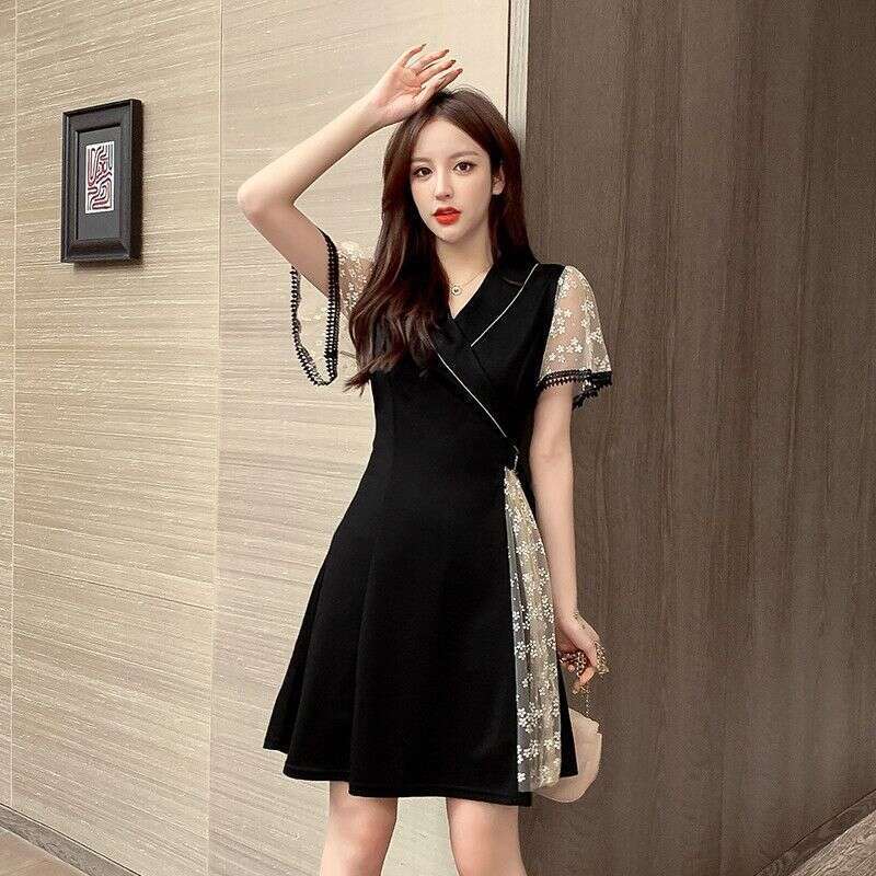 Plus Size Women's Fashion Design Sense Little Black Summer New Style Belly Covering Waist Slimming Age-Reducing Dress B5