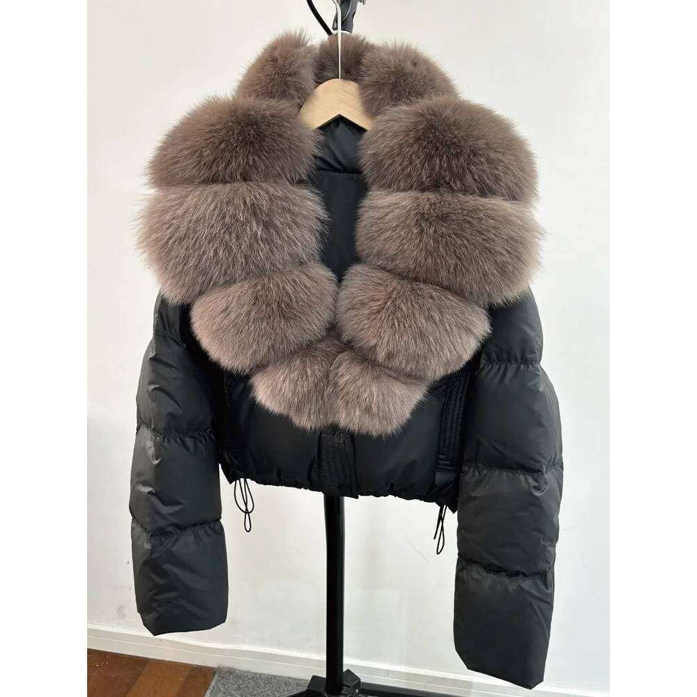 Janveny Large Natural Fox Fur Collar 90% White Duck Down Jacket Women Winter Short Waterproof PU Puffer Coat Female Thick Parkas