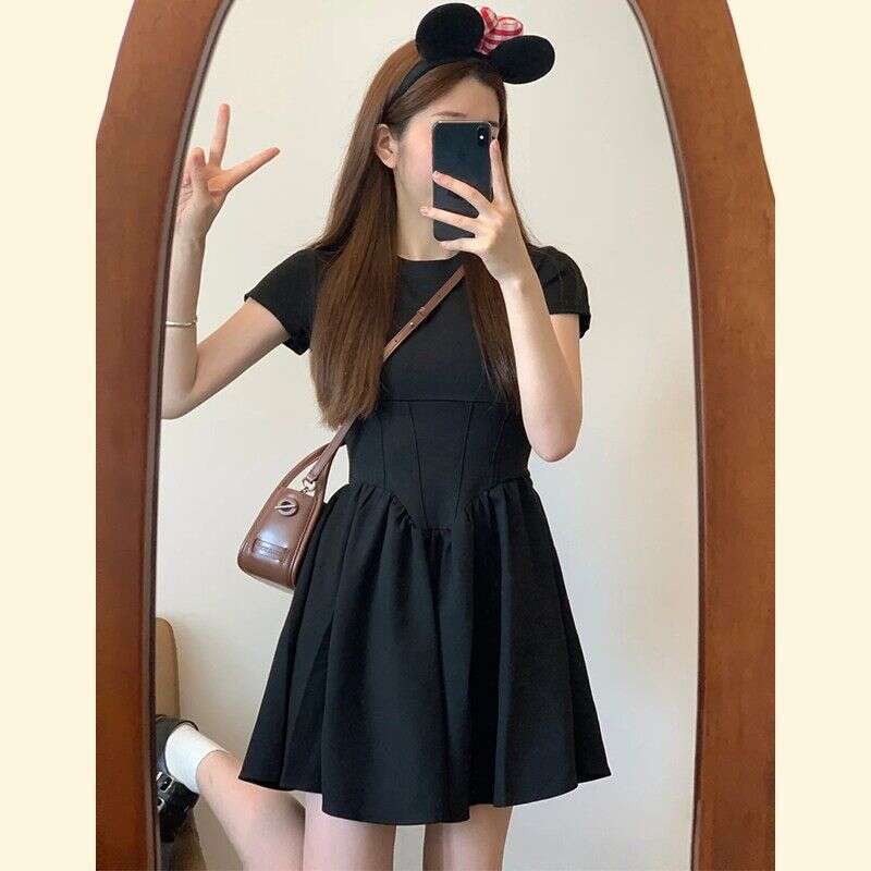 French Hepburn Style Black For Women Spring Summer New High-End Feel Petite Slim Waist Short Dress B5