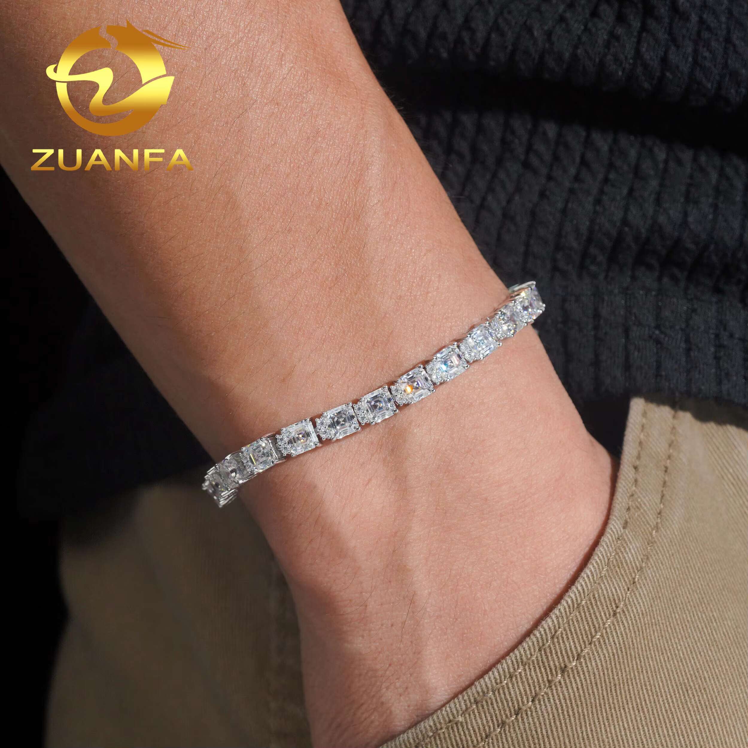 Hip Hop Moissanite Jewelry 5*5mm Asscher Cut Iced Out Bracelet Women Men 925 Silver Diamond Tennis Bracelet Pass Diamond Tester