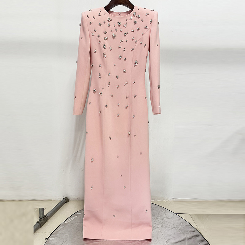 B966-Long-sleeved jacquard nightdress simple style pure black style nightdress