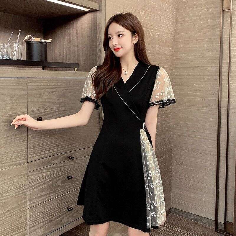 Plus Size Women's Fashion Design Sense Little Black Summer New Style Belly Covering Waist Slimming Age-Reducing Dress B5