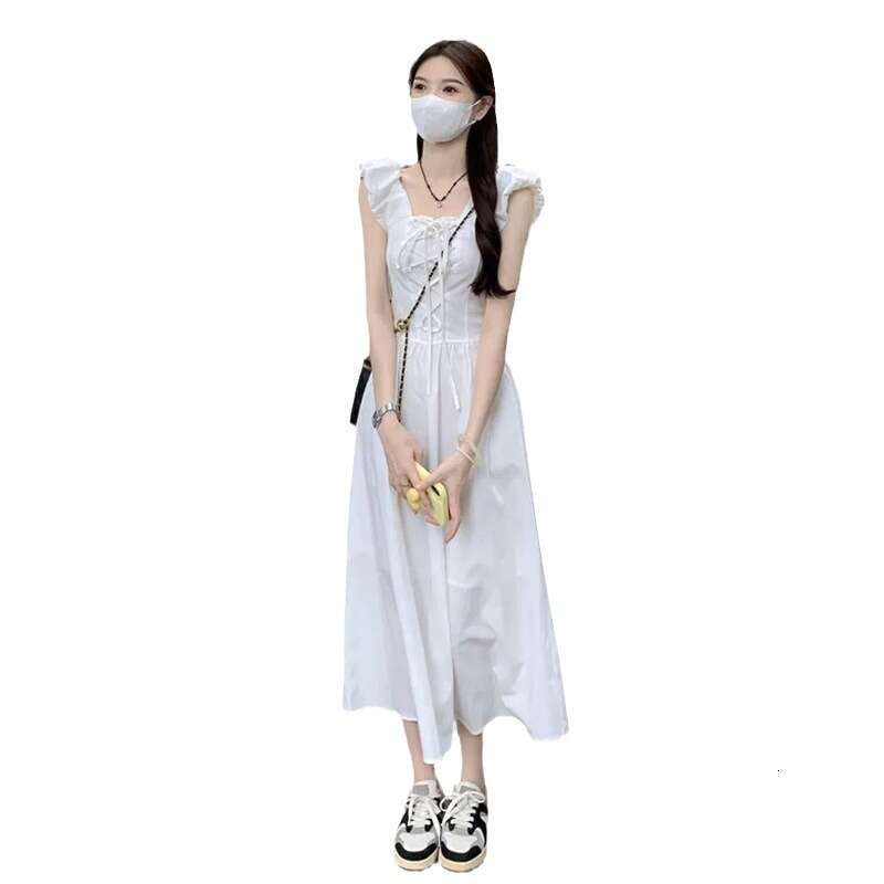 Tea Break French Style Square Neck Tie Small Flutter Sleeve White For Women Summer Design Sense Waist Slimming Sleeveless Long Dress B5