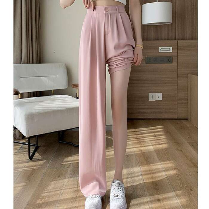 Pink Ice Silk Wide-Leg For Women, Summer Thin Draped Cool Pants, Sun-Proof Petite Straight Chiffon Suit Pants B5