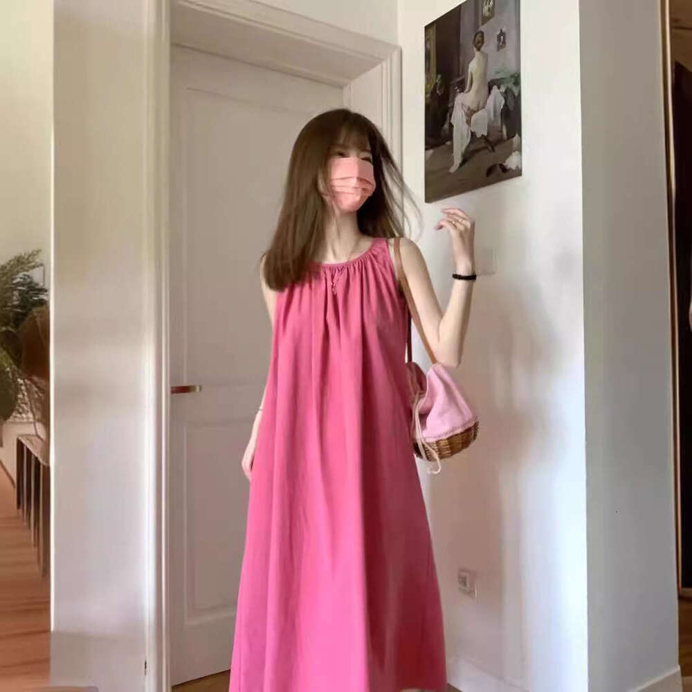 Beach Vacation French Style Sleeveless Strap Summer Women's Fashion New Pink Slimming Elegant Long Dress B5